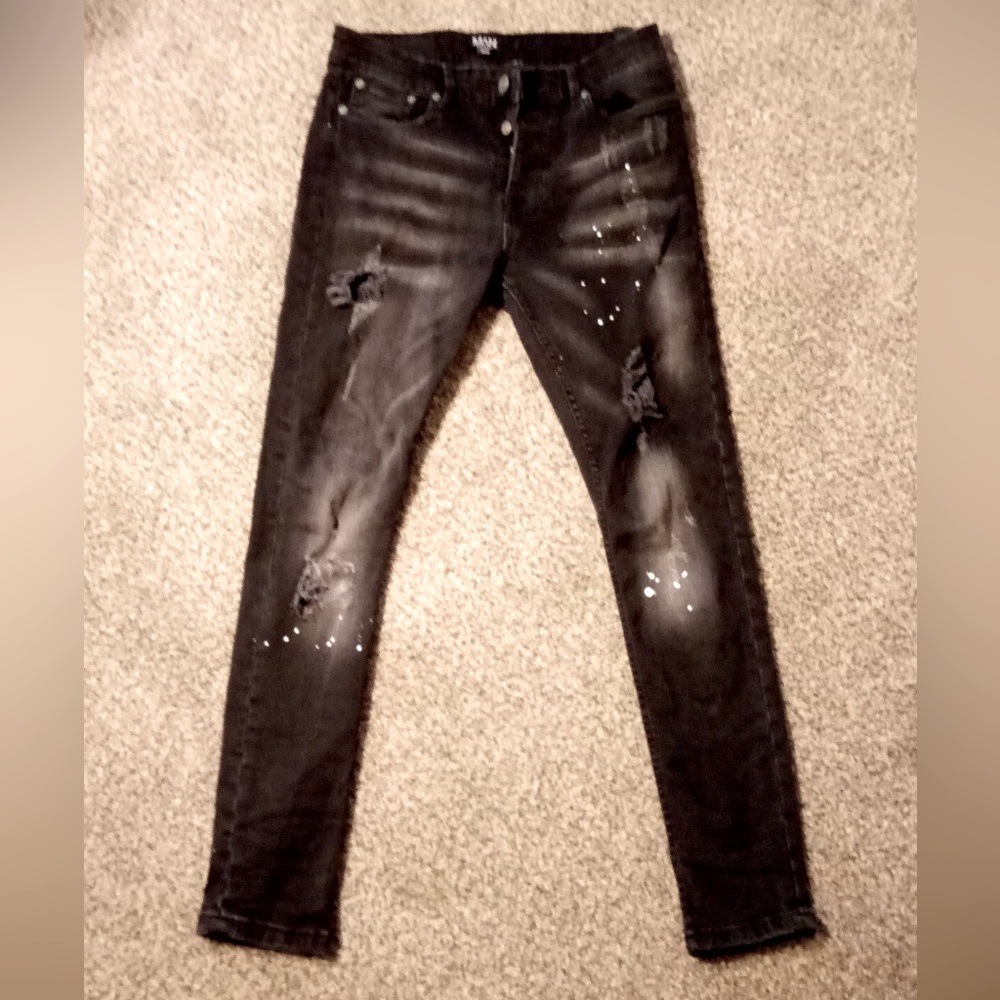 Men’s BooHoo Black Ripped Skinny Biker Jeans Size 32R